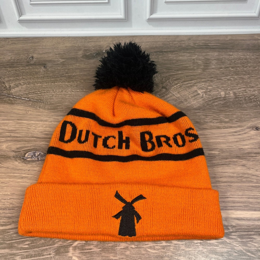 Dutch Bros Coffee Beanie Hat Orange Black Pom Pom Windmill Logo Unisex One Size